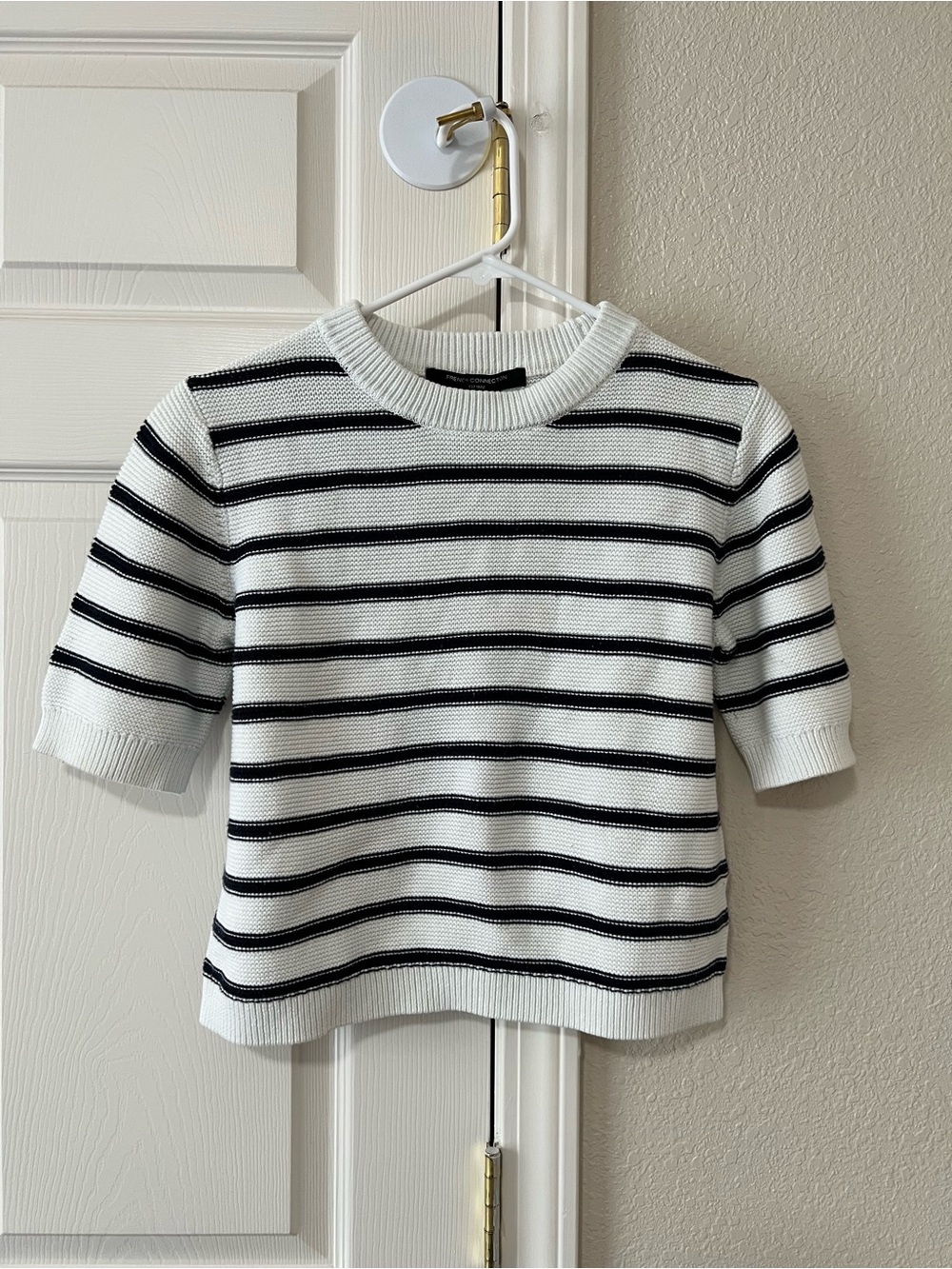 French Connection White Striped Cotton Knit Sweater Top Size M